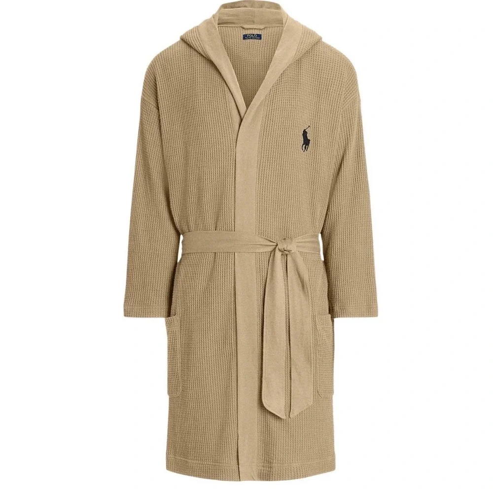 Polo Ralph Lauren Mens Thermal Hooded Robe L/XL Khaki/Black - NWT $95